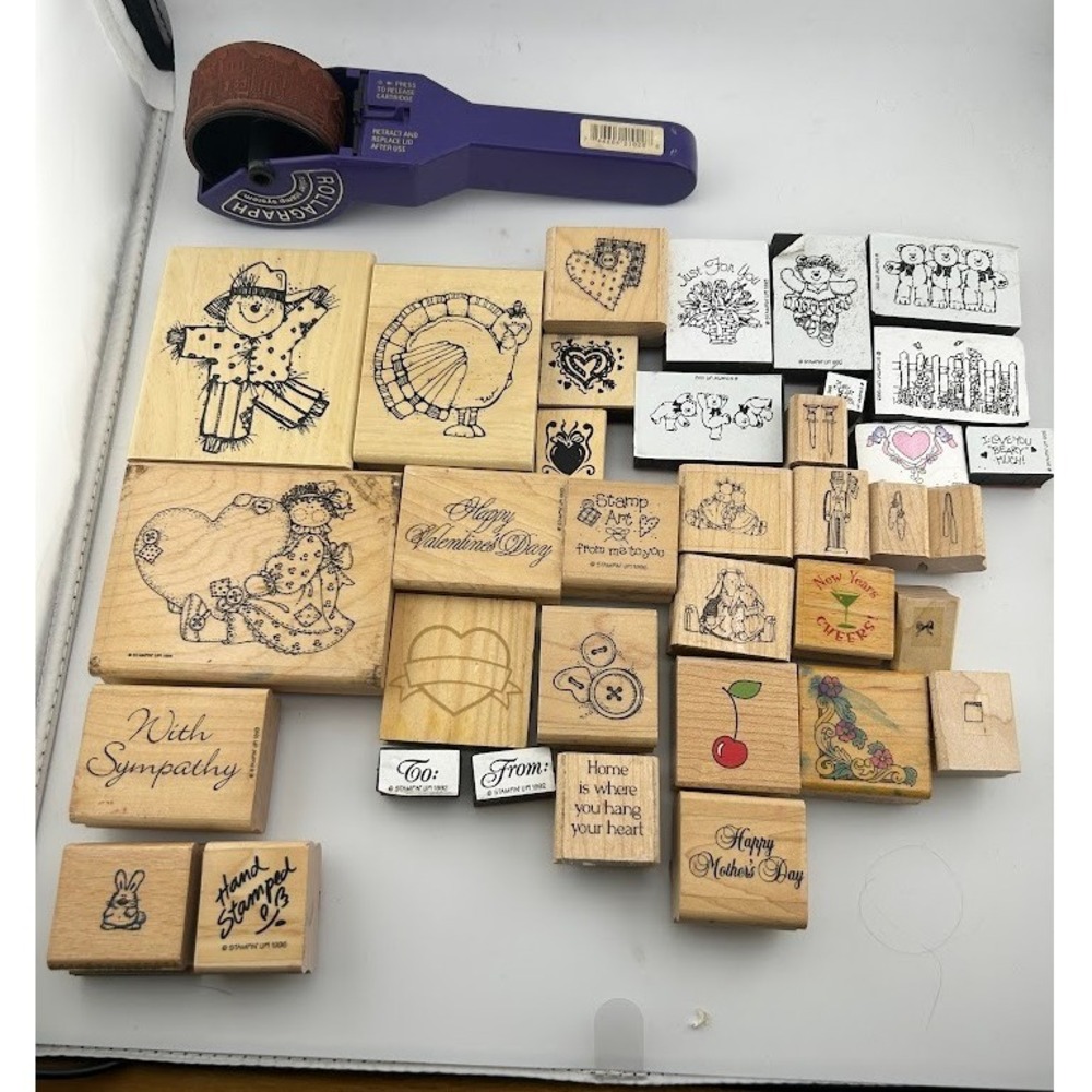 Lot of Wood Mounted Rubber Stamps Craft Scrapbooking Card Making & Roller